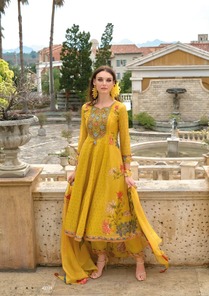 Meraki By Kailee Chiknakari Organza Anarkali Kurti With Bottom Dupatta Wholesale Price In Surat